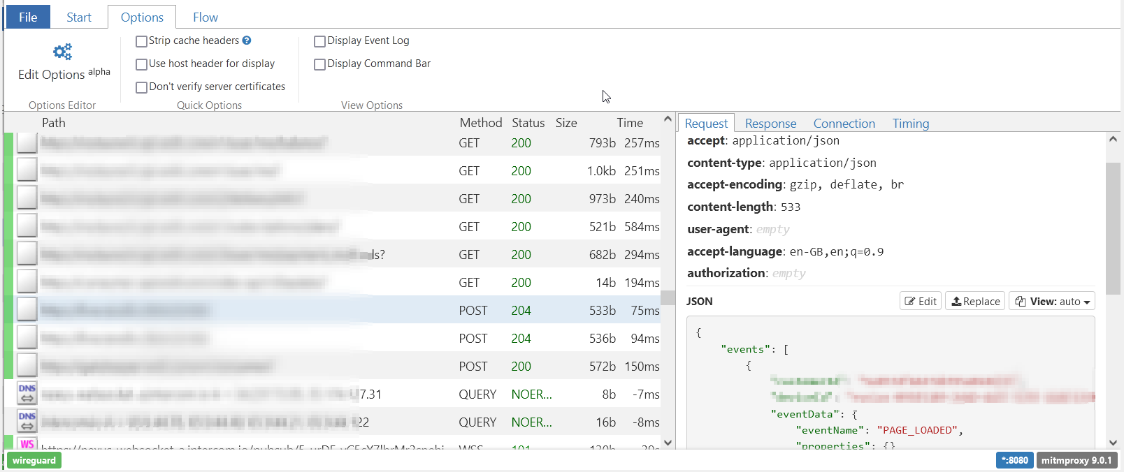 mitmproxy's web interface running in wireguard mode showing captured iPhone traffic 
